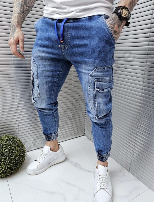 Blugi jogger cu buzunare cargo si efect usor prespalat-albastru cod 7307