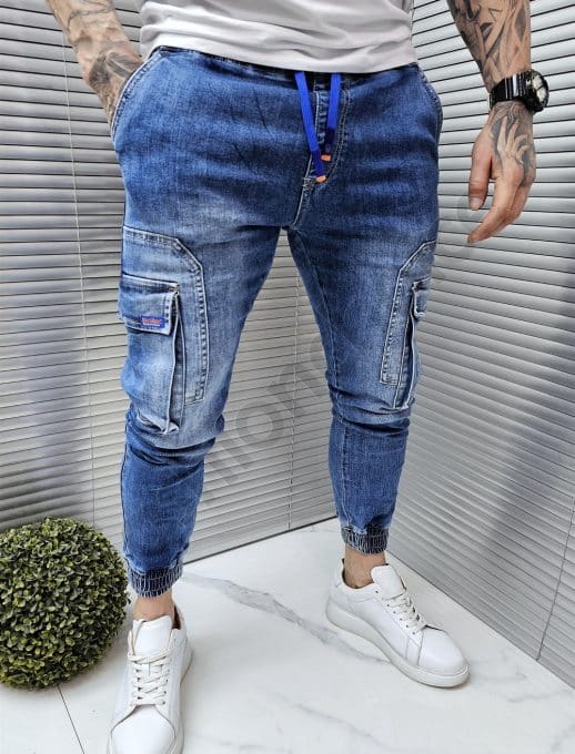 Blugi jogger cu buzunare cargo si efect usor prespalat-albastru cod 7307