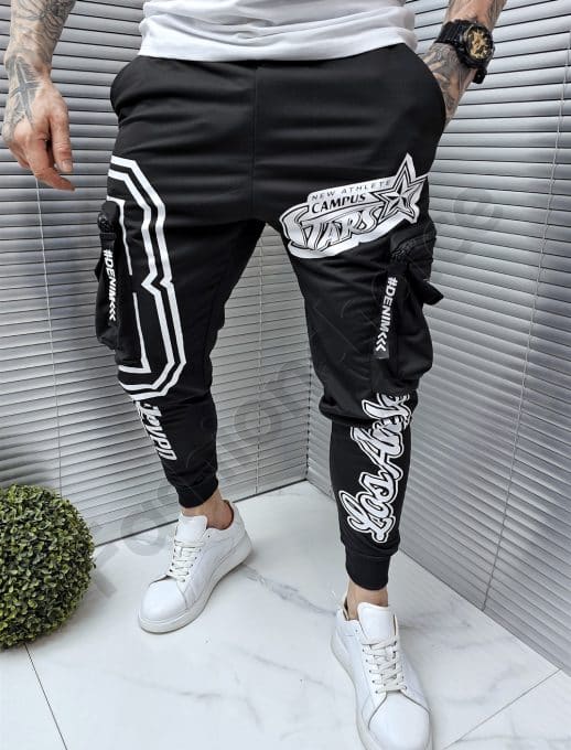 Pantalon sport cu buzunare cargo si inscriptii-negru cod 9969