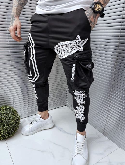 Pantalon sport cu buzunare cargo si inscriptii-negru cod 9969