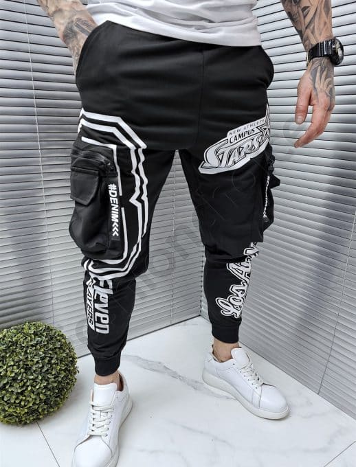 Pantalon sport cu buzunare cargo si inscriptii-negru cod 9969