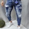 Blugi barbati cu patch-uri si efect rupt-albastru inchis cod 8059