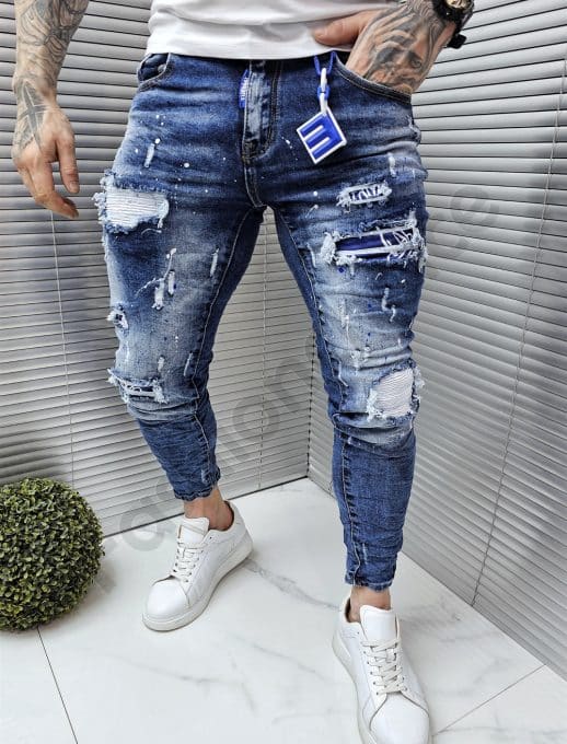 Blugi barbati cu patch-uri si efect rupt-albastru inchis cod 8059