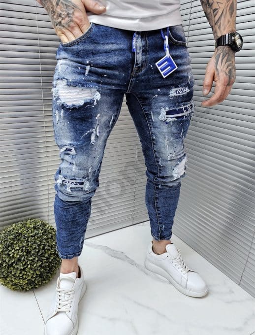 Blugi barbati cu patch-uri si efect rupt-albastru inchis cod 8059