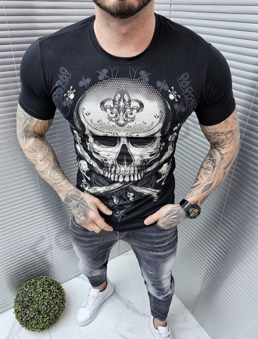 Tricou barbati cu print modern si aplicatie din pietricele cod 9555