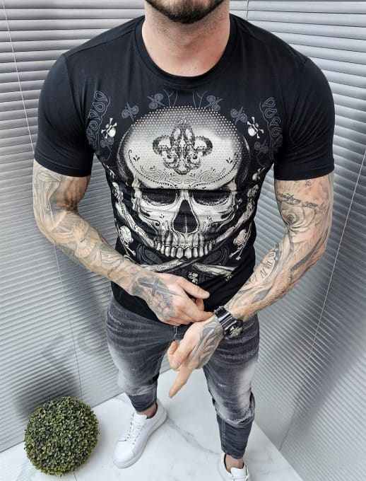 Tricou barbati cu print modern si aplicatie din pietricele cod 9555