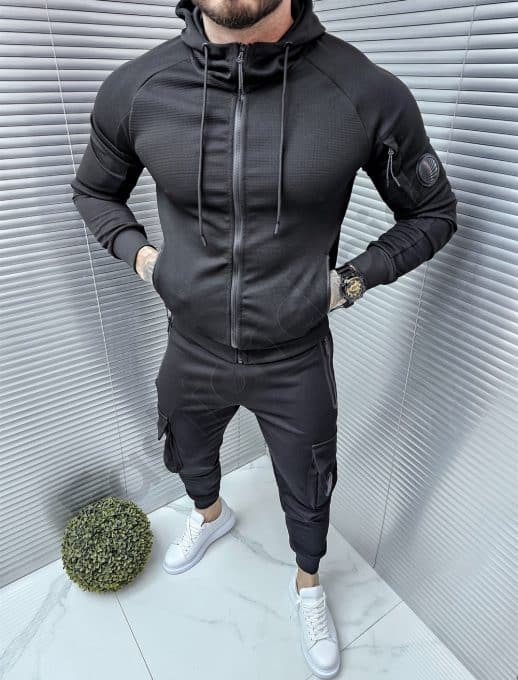 Compleu sport pentru barbati cu gluga si buzunare-negru cod 389