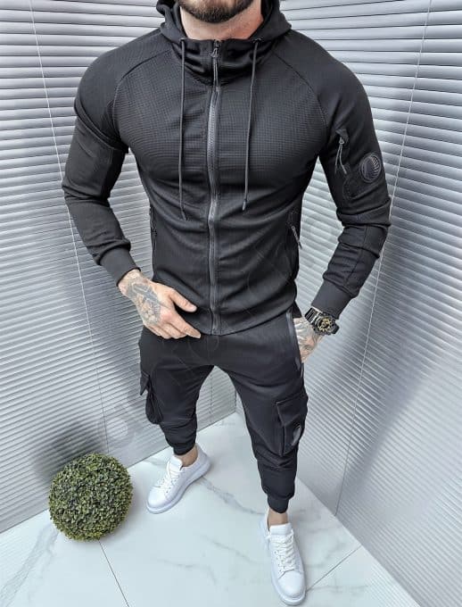 Compleu sport pentru barbati cu gluga si buzunare-negru cod 389