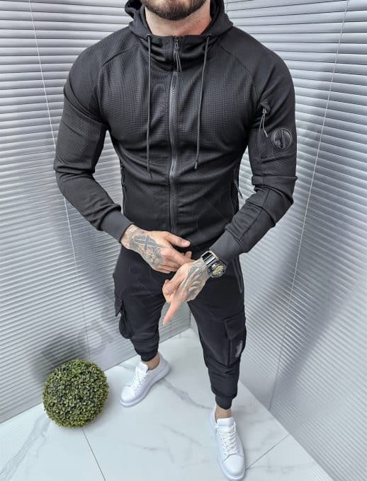 Compleu sport pentru barbati cu gluga si buzunare-negru cod 389