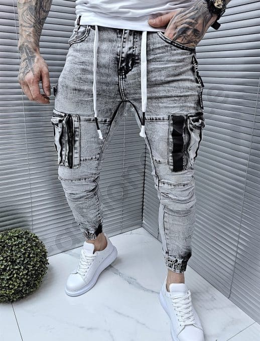 Blugi jogger cu buzunare cargo in parti-gri deschis cod 9888