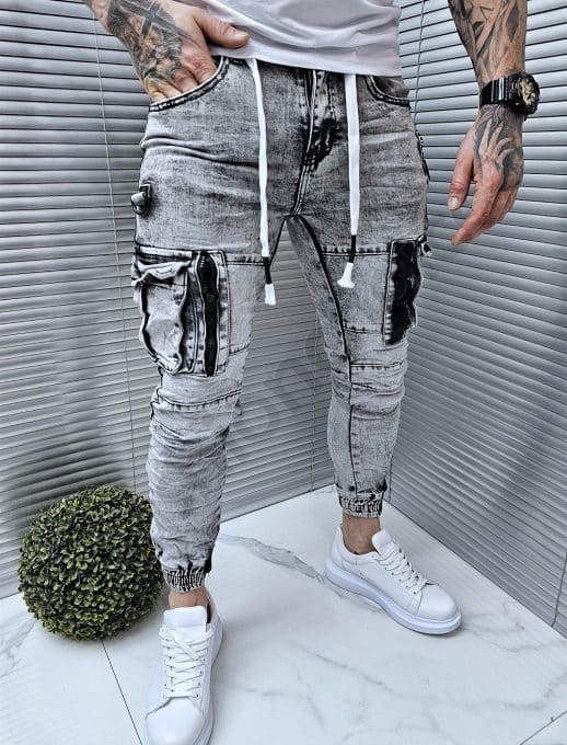 Blugi jogger cu buzunare cargo in parti-gri deschis cod 9888