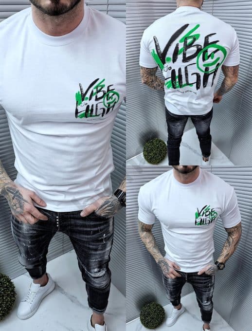 Tricou pentru barbati cu inscris Vibe in fata si spate-alb cod 241350-1