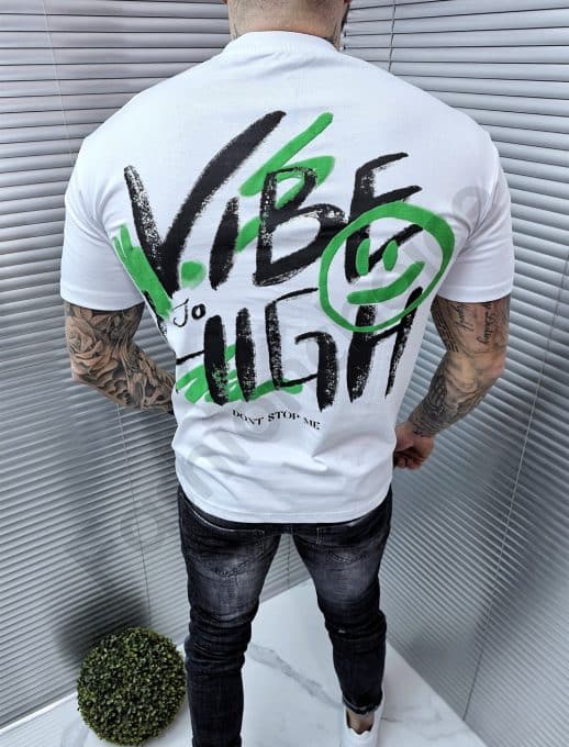 Tricou pentru barbati cu inscris Vibe in fata si spate-alb cod 241350-1