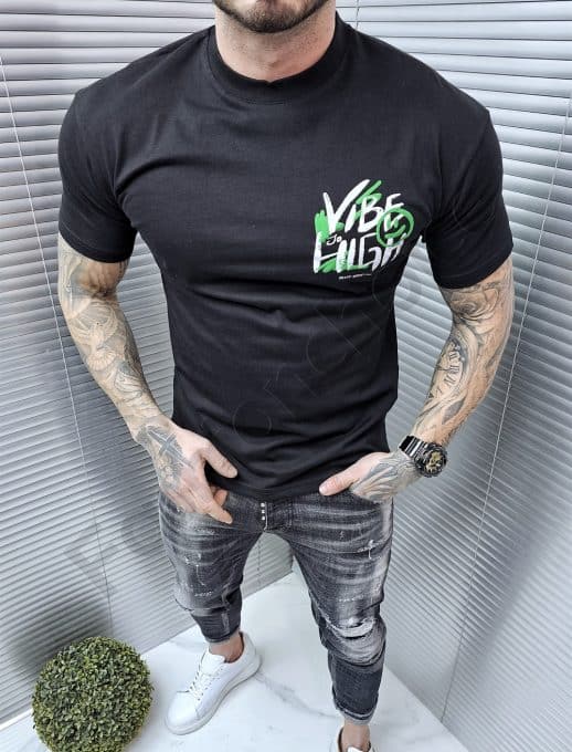 Tricou pentru barbati cu inscris Vibe in fata si spate-negru cod 241350