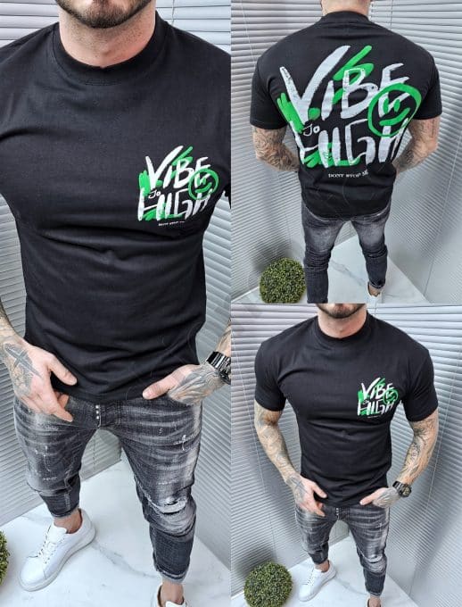 Tricou pentru barbati cu inscris Vibe in fata si spate-negru cod 241350