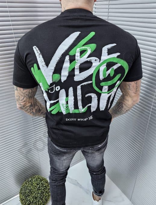 Tricou pentru barbati cu inscris Vibe in fata si spate-negru cod 241350