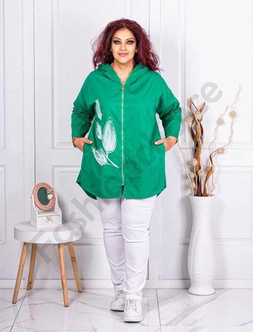 Jacheta maxi cu gluga si imprimeu modern-verde cod 7883-2
