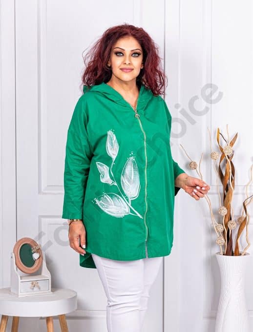 Jacheta maxi cu gluga si imprimeu modern-verde cod 7883-2