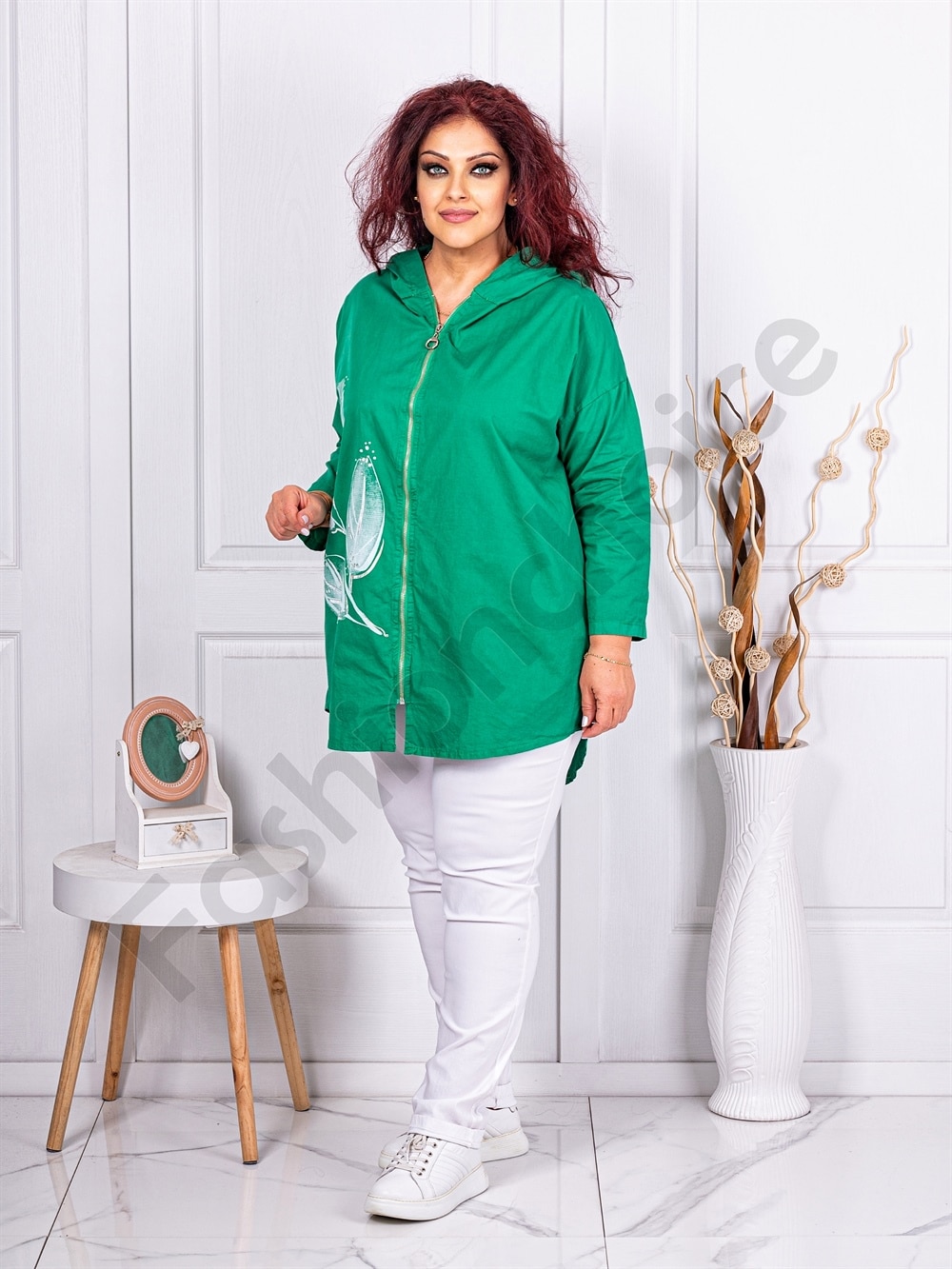 Jacheta maxi cu gluga si imprimeu modern-verde cod 7883-2