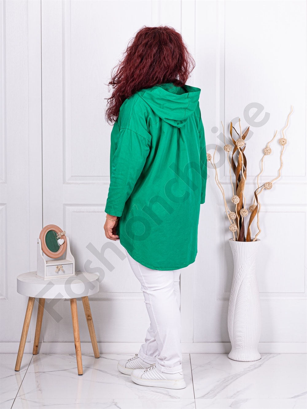 Jacheta maxi cu gluga si imprimeu modern-verde cod 7883-2