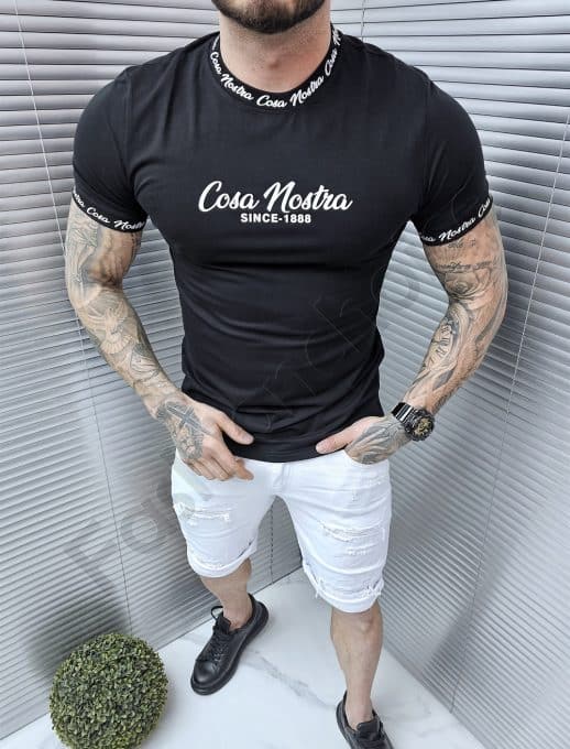 Tricou barbati cu inscris cauciucat alb-negru cod 040-1