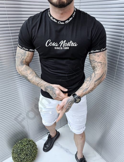Tricou barbati cu inscris cauciucat alb-negru cod 040-1