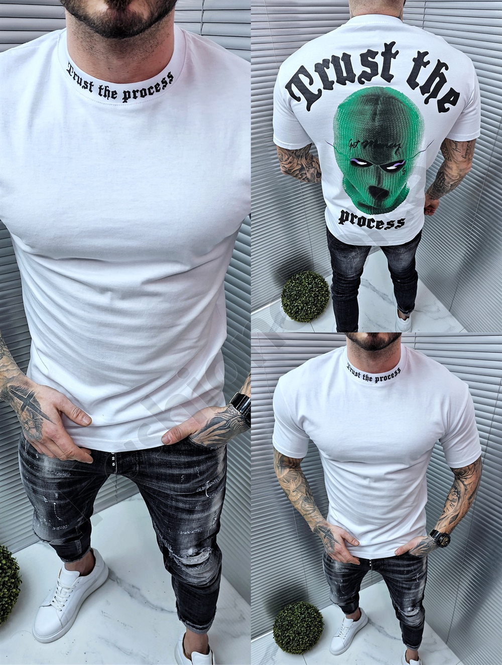 Tricou pentru barbati cu inscris Trust the process-alb cod 241350-30