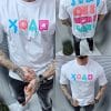 Tricou barbati Oversize cu inscriptii multicolor in fata si spate-alb cod 1131-1