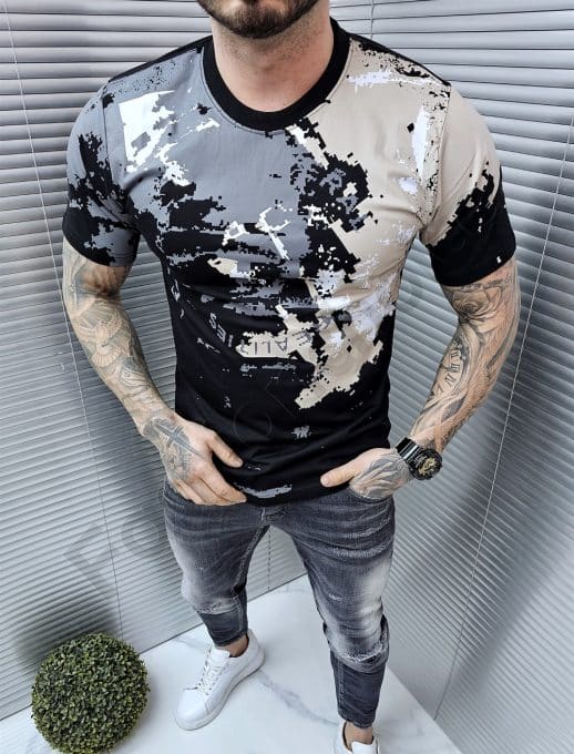 Tricou barbati cu imprimeu in degrade-negru cod 7723