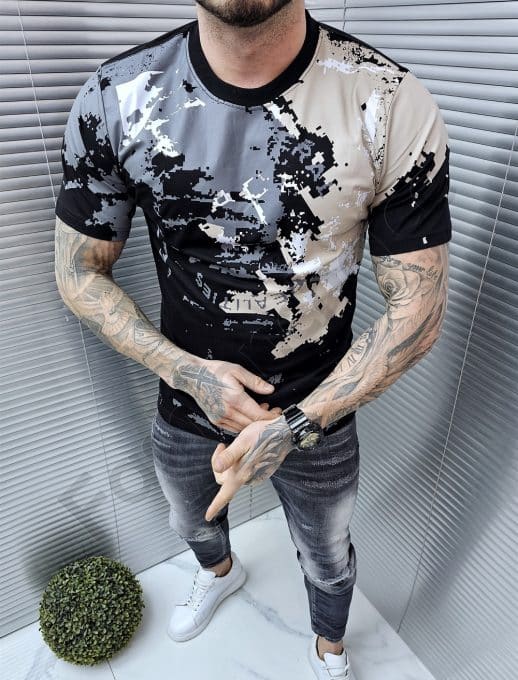 Tricou barbati cu imprimeu in degrade-negru cod 7723