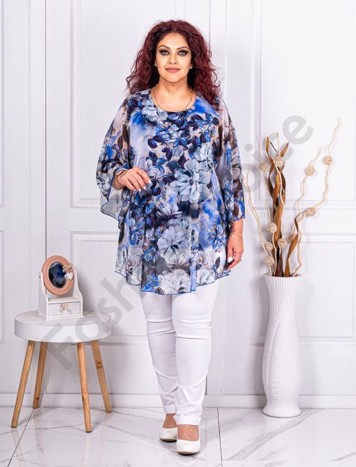 Tunica maxi in clos din sifon cu imprimeu floral-albastru regal cod 24236-4