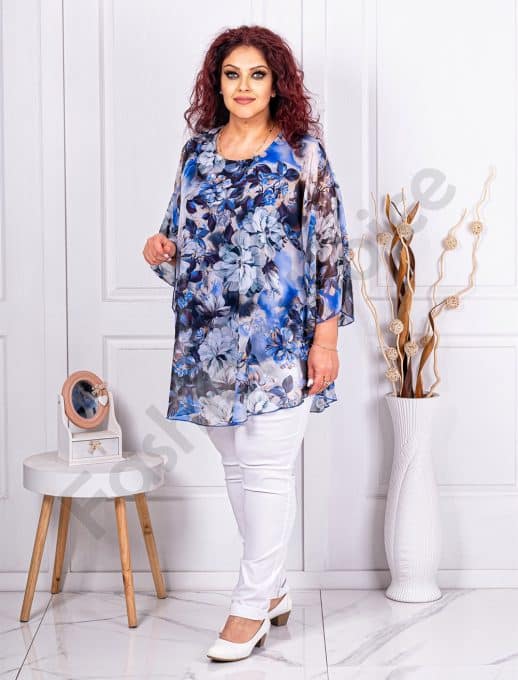 Tunica maxi in clos din sifon cu imprimeu floral-albastru regal cod 24236-4