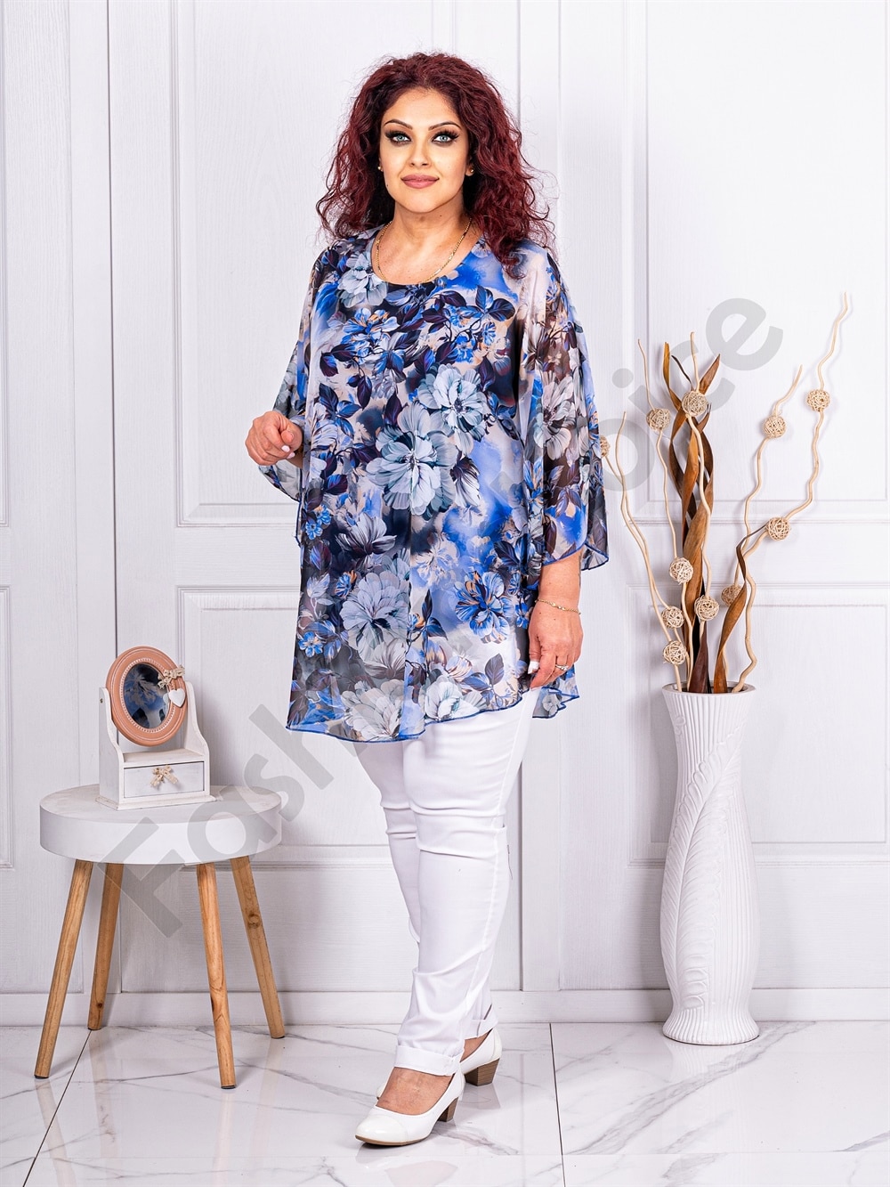 Tunica maxi in clos din sifon cu imprimeu floral-albastru regal cod 24236-4