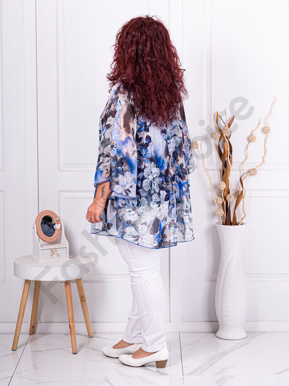 Tunica maxi in clos din sifon cu imprimeu floral-albastru regal cod 24236-4