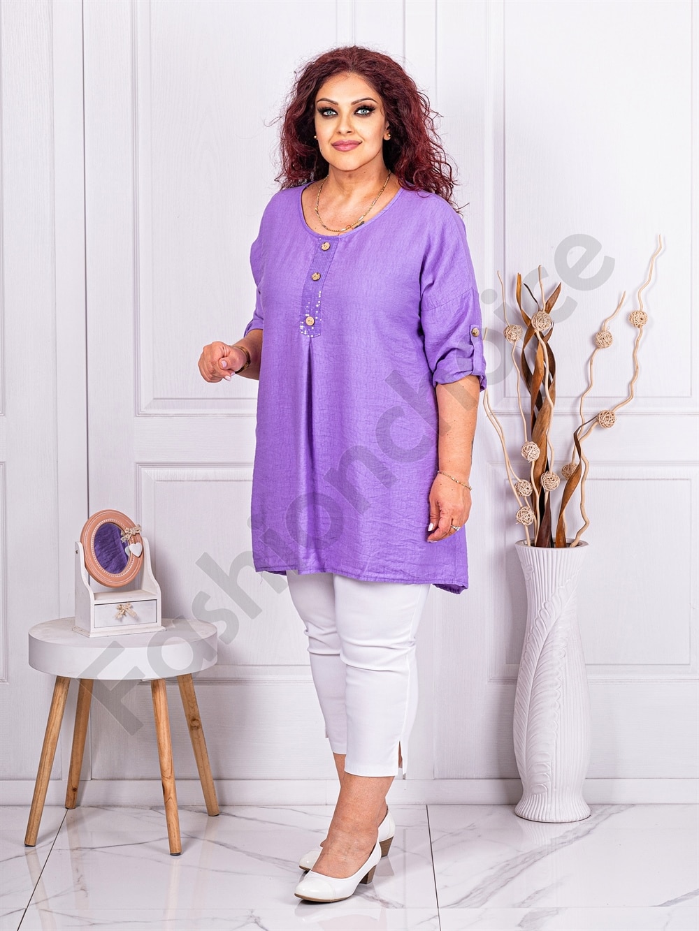 Tunica maxi cu decoratie din paiete si nasturi-liliac cod 10683-5