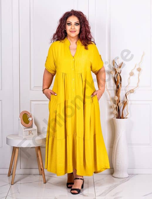 Rochie maxi in clos cu volane si nasturi pe bust-mustar cod 9584-1