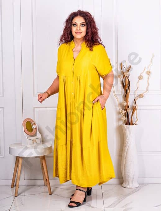 Rochie maxi in clos cu volane si nasturi pe bust-mustar cod 9584-1