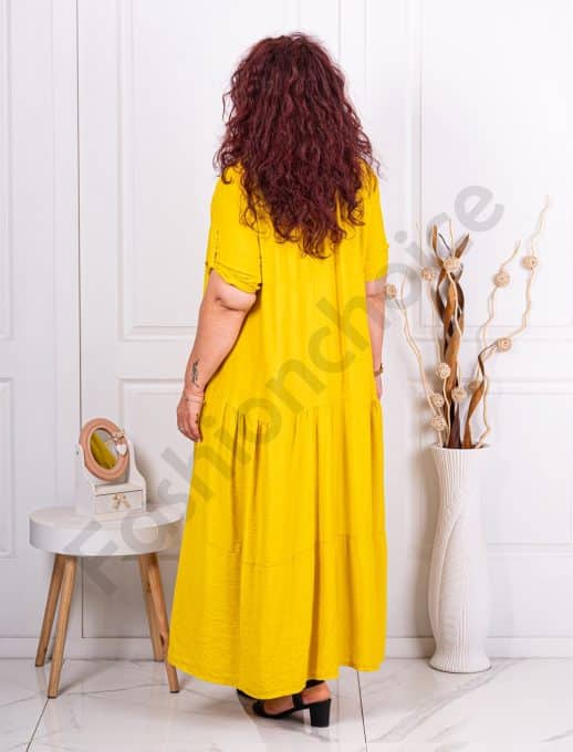 Rochie maxi in clos cu volane si nasturi pe bust-mustar cod 9584-1