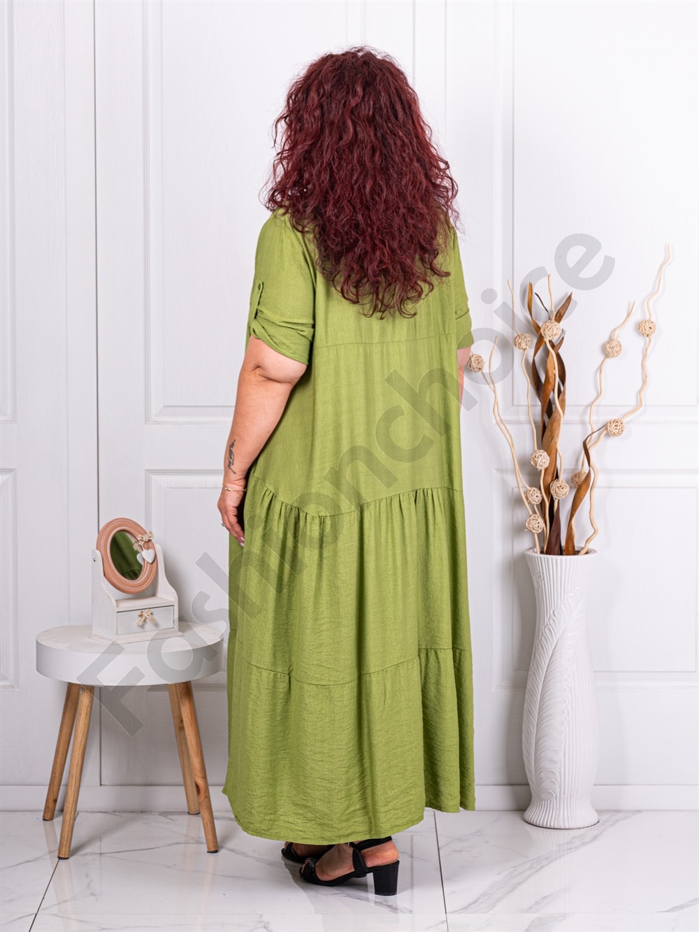 Rochie maxi in clos cu volane si nasturi pe bust-verde cod 9584-4