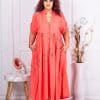 Rochie maxi in clos cu volane si nasturi pe bust-coral cod 9584-2