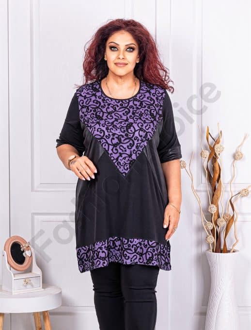 Tunica maxi cu material lucios si ornamente din catifea-mov cod 1407-1