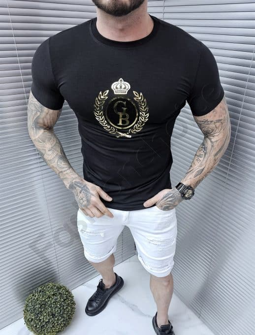 Tricou barbati cu imprimeu si inscris Giorgio Bellini-negru cod 1354-6