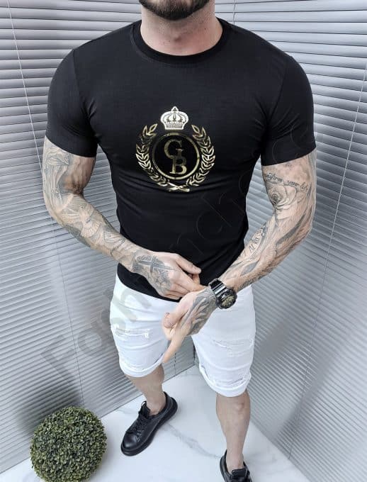 Tricou barbati cu imprimeu si inscris Giorgio Bellini-negru cod 1354-6