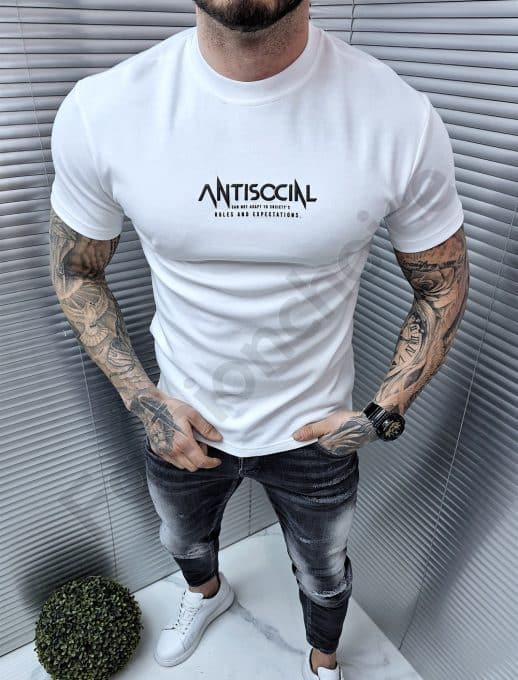 Tricou barbati Oversize cu inscris Antisocial in fata si spate-alb cod 313-1