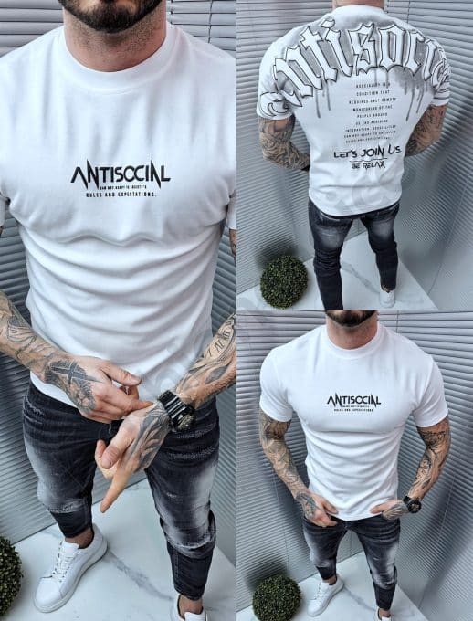Tricou barbati Oversize cu inscris Antisocial in fata si spate-alb cod 313-1