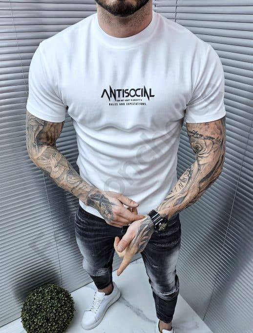 Tricou barbati Oversize cu inscris Antisocial in fata si spate-alb cod 313-1