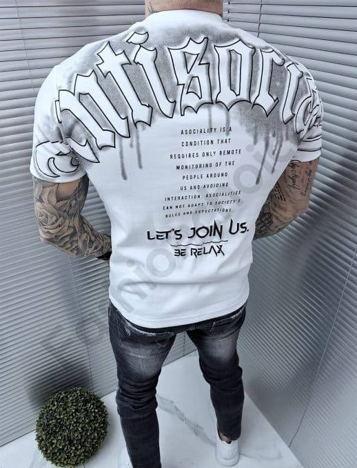 Tricou barbati Oversize cu inscris Antisocial in fata si spate-alb cod 313-1