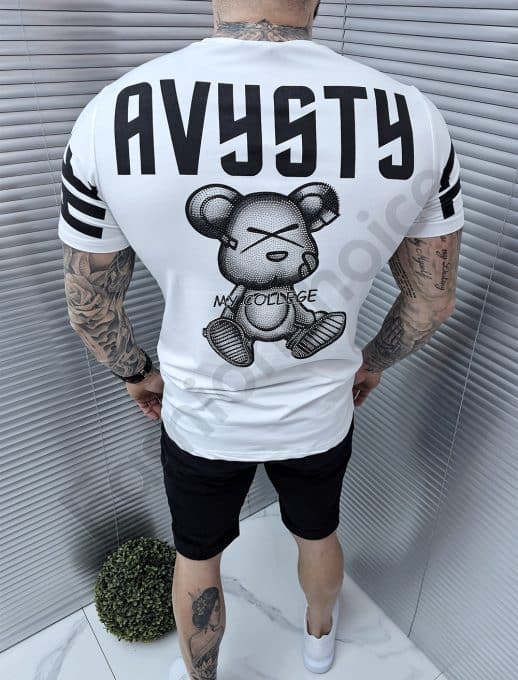 Tricou barbati cu imprimeu ursulet si pietricele in fata si spate-alb cod 9899-1