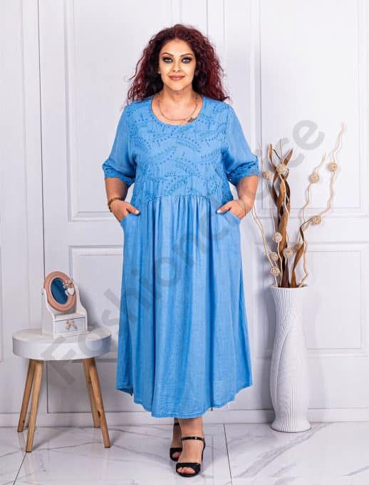 Rochie maxi din 100% In si broderie englezeasca-albastru cod 10692-3