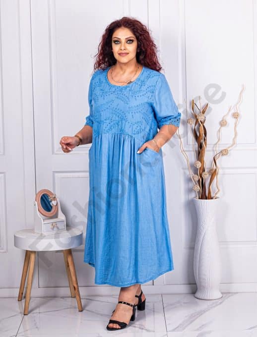 Rochie maxi din 100% In si broderie englezeasca-albastru cod 10692-3